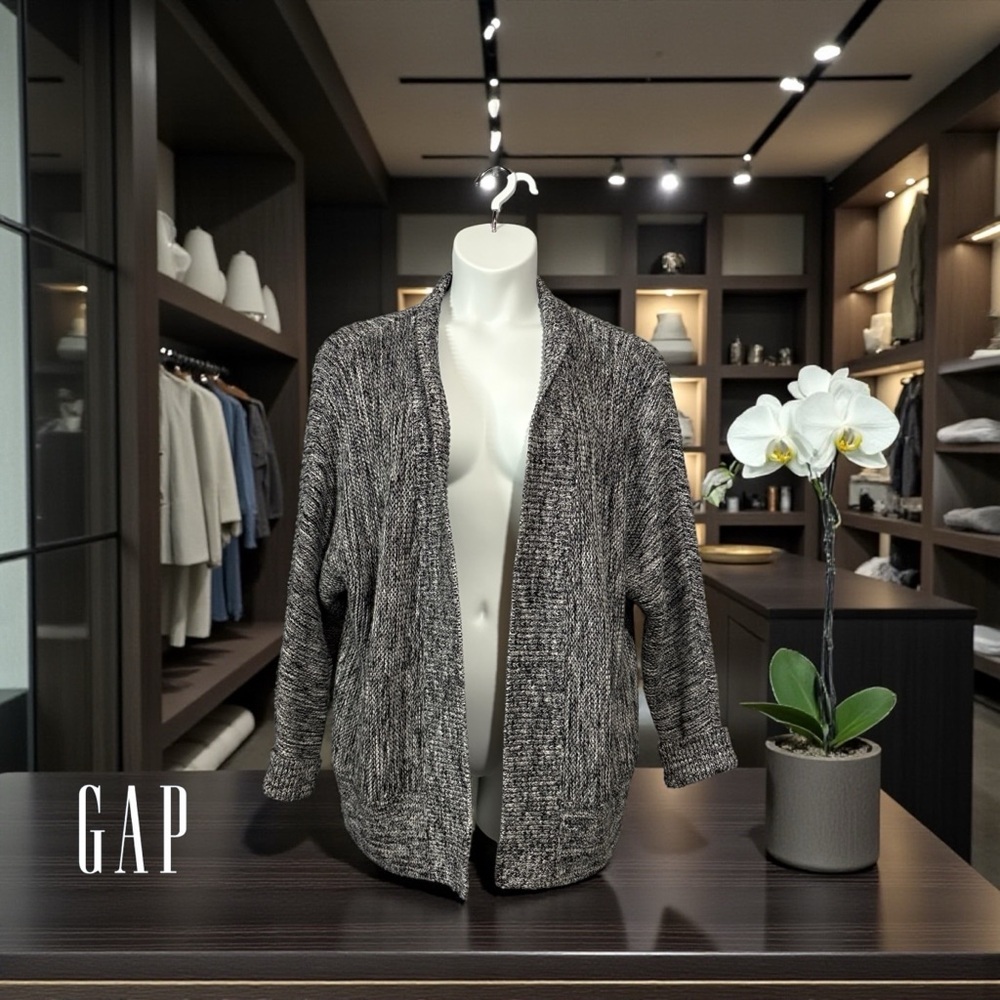 GAP, Marled Open Front Cardigan, XL, Black & White, 100% Cotton